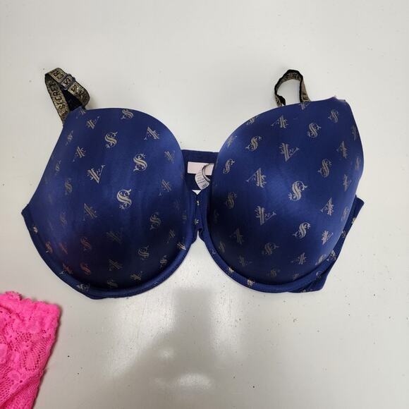 Victoria's Secret Navy & Gold Size 38DDD Bra & Pink Lacy Removable Strap Bra 2XL - Picture 1 of 8